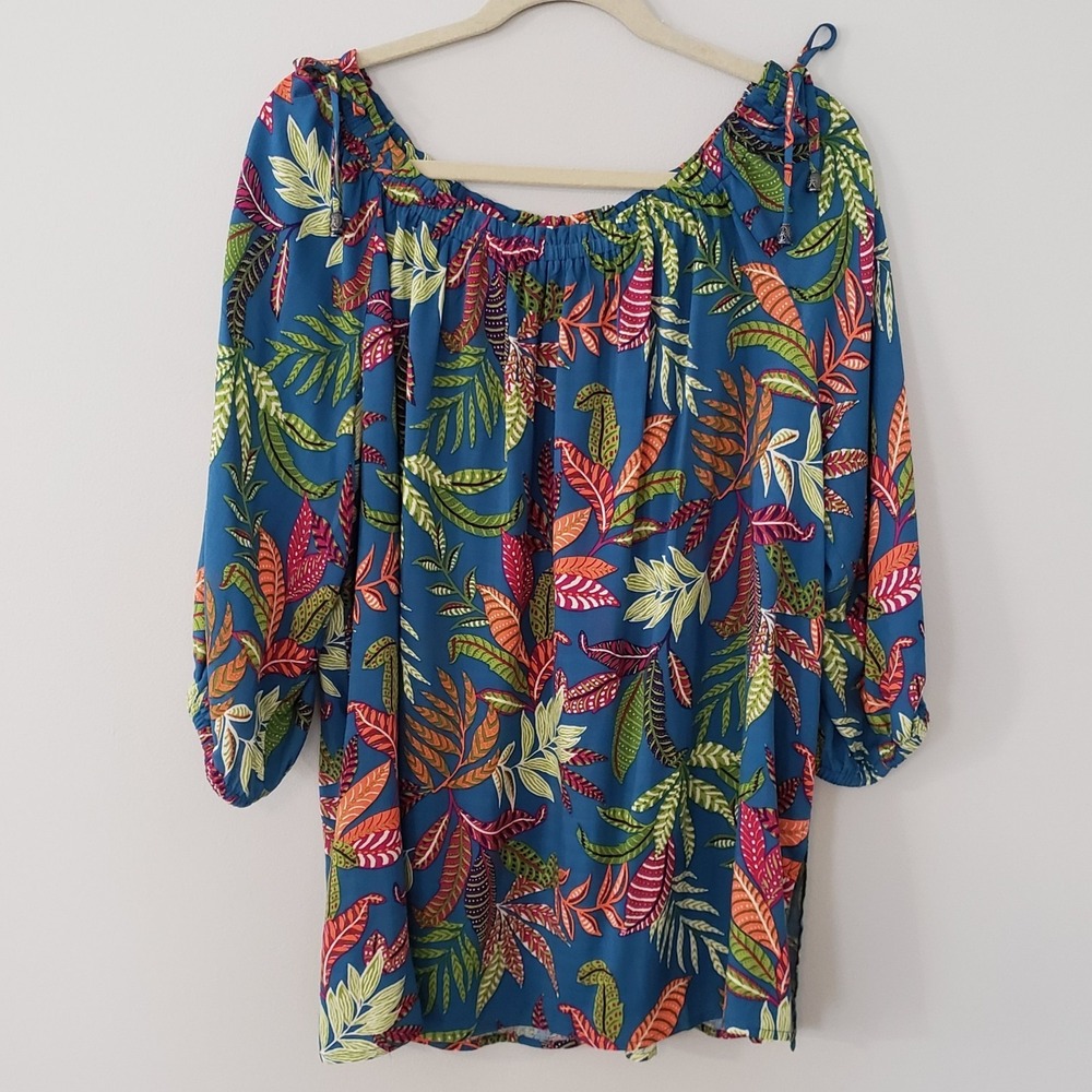 Susan Graver Flowy Tunic Top LARGE Boho Peasant Oversize Comfort On/Off Shoulder